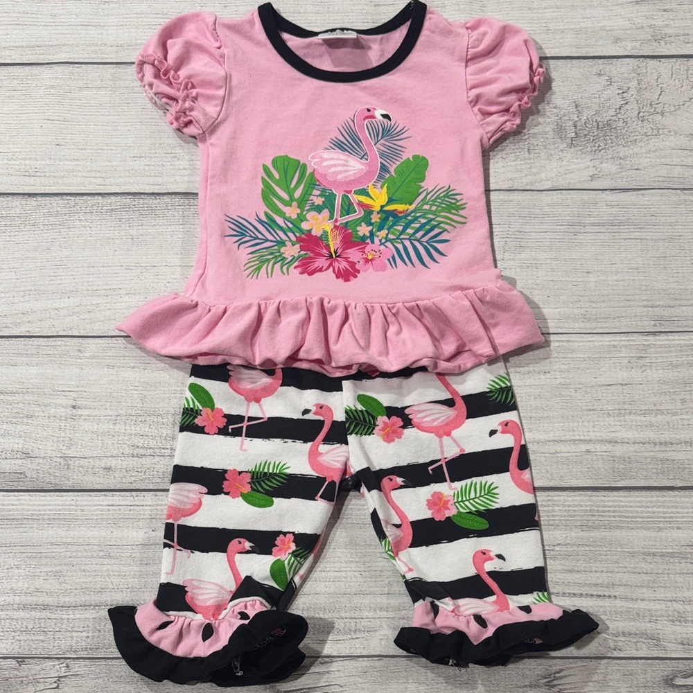 Baby Girls Pink Flamingo Top w/ Black & White Striped Ruffled Crop Pants